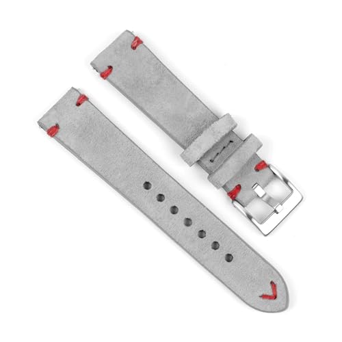LUGEMA 20 Mm Vintage-Uhrenarmband Aus Weichem Wildleder, Handgefertigt, Genäht, Echtes Lederarmband, Schnellverschluss, Graues Uhrenarmband(Gray-Red Line) von LUGEMA