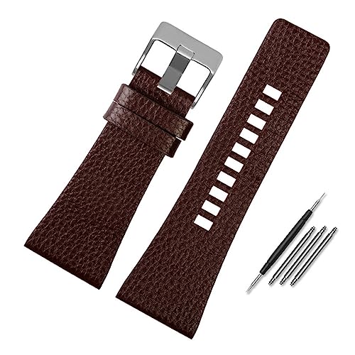LUGEMA Echtes Lederarmband Kompatibel Mit Diesel DZ7396DZ1206 DZ1399 DZ1405 Uhrenarmband Litchi-Korn 22 24 26 27 28 30 32 34 Mm Armband (Color : Brown silver clasp, Size : 24mm) von LUGEMA