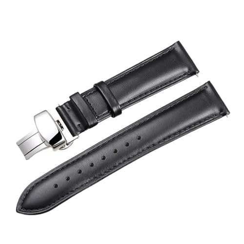 LUGEMA Schnellverschluss, Glattes Uhrenarmband Aus Echtem Kalbsleder, 14/18/20/22 Mm, Riemen Mit Solider Schmetterlingsschnalle, Business(Black-silver,22mm) von LUGEMA