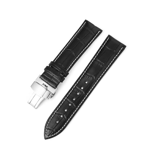 LUGEMA Uhrenarmband 10mm 12 13 14 15 16 17 18mm 19 20mm 21 22mm 23 24mm Echtleder Uhrenarmband Schmetterlingsschnalle(Black white line,24mm) von LUGEMA