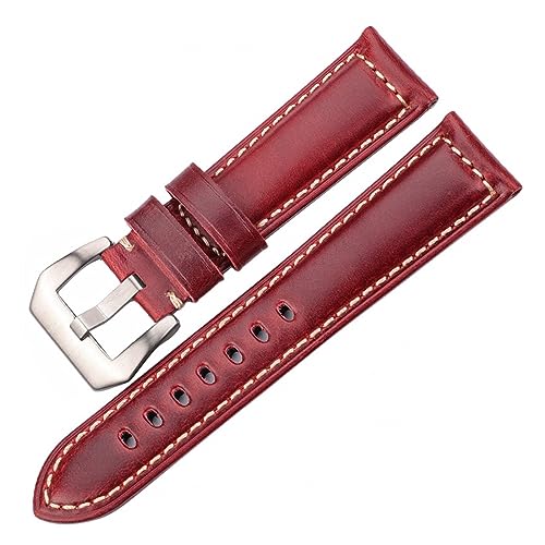 LUGEMA Uhrenarmband Aus Echtem Leder Armband 20 22 24 26mm Frauen Männer Öl Wachs Rindsleder Blau Grün Rot Braun Uhrenband Stahlschnalle, Rot, Braun, Silber, 24mm, Casual von LUGEMA