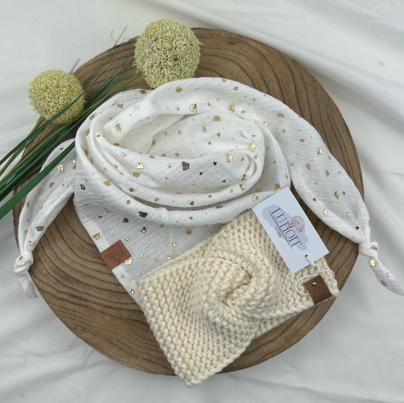 Mädchenset Stirnband Haarband Gestrickt Wolle Einlagiges Dreieckstuch Musselintuch Set 2Tl. Natur von LUHOITstore