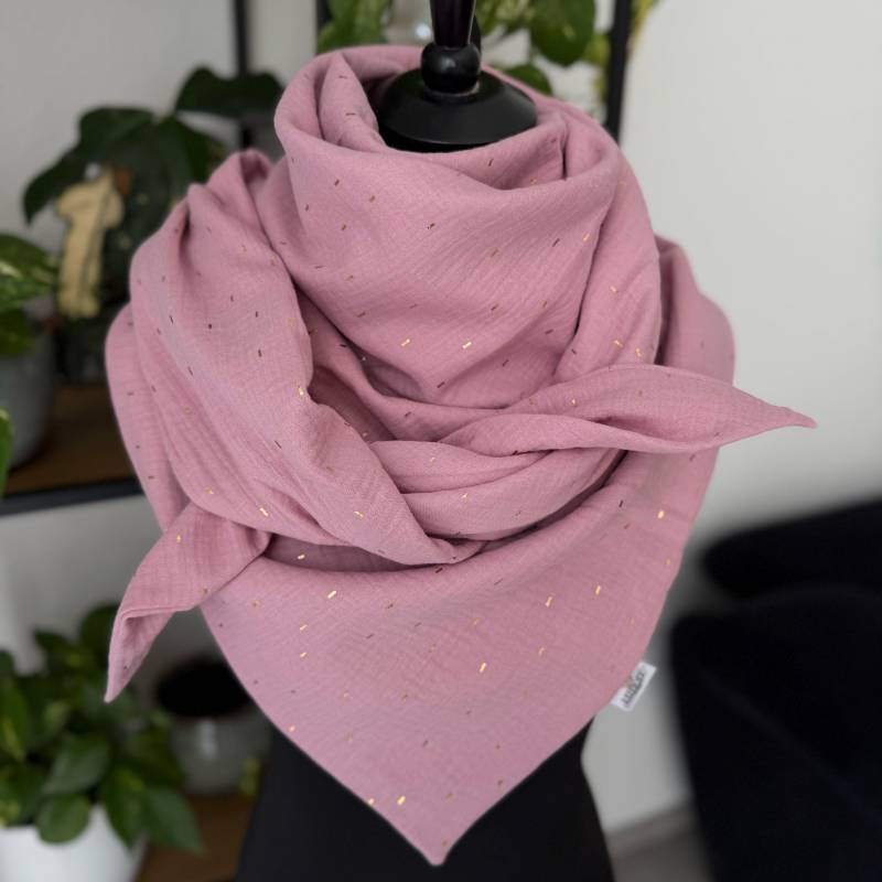 Musselintuch Damen Halstuch Musselin Dreieckstuch Tuch Doppellagig Ca 130x130 cm Quarzrosa Mit Goldenen Glitzer von LUHOITstore