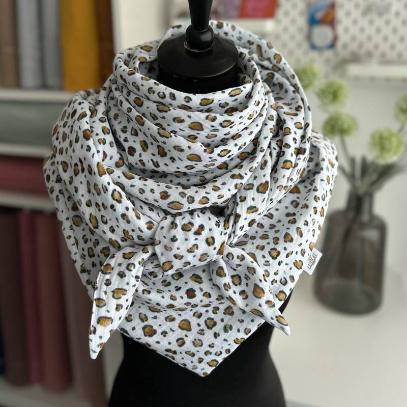 Musselintuch Damen Halstuch Musselin Dreieckstuch Tuch Doppellagig Weiß Animalprint von LUHOITstore