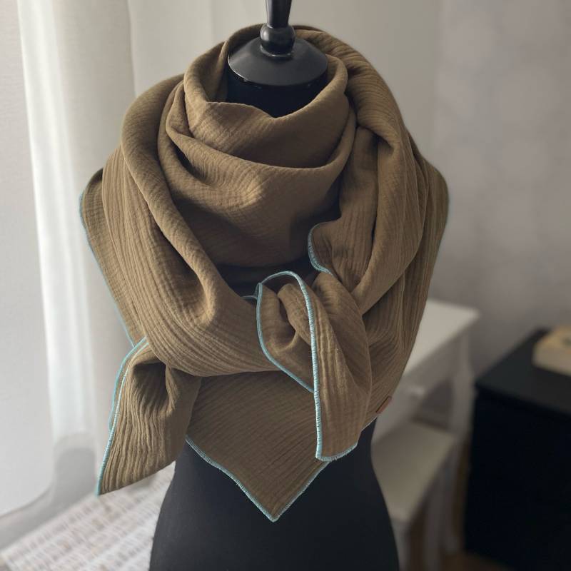 Musselintuch Damen Halstuch Tuch Sommertuch Aus Musselin Dreieckstuch Ca 130 X cm Oliv/ Türkis von LUHOITstore