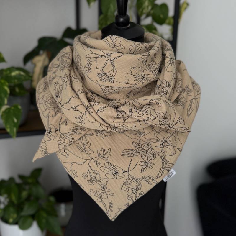 Musselintuch Damentuch Dreieckstuch Damen Halstuch Musselin Tuch Extra Groß 130x130 cm Doppellagig Dusty Sand Blumenmuster von LUHOITstore