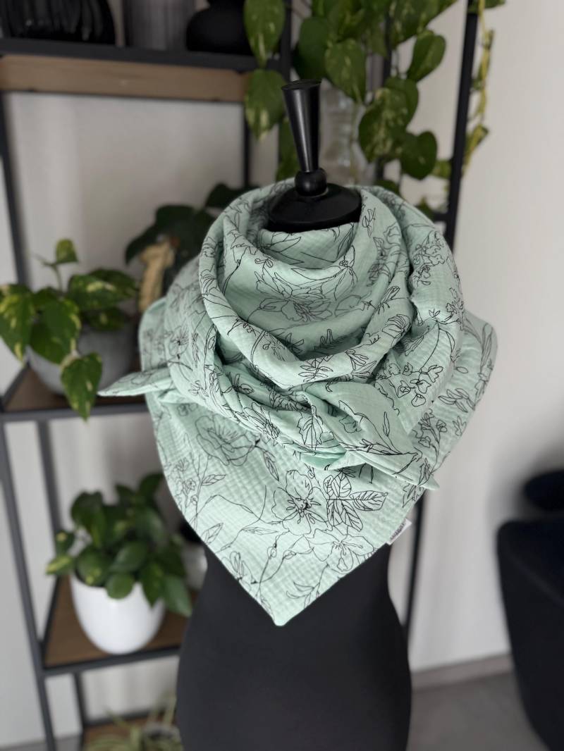 Musselintuch Damentuch Dreieckstuch Damen Halstuch Musselin Tuch Extra Groß 130x130 cm Doppellagig Mint Blumenmuster von LUHOITstore