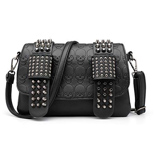 LUI SUI Gothic Punk Skull Rivet Nieten Crossbody Bag PU Leder Messenger Umhängetasche Handtasche Brieftasche Geldbörse für Mädchen Frauen von LUI SUI