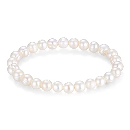 LUINNO Perlenarmband mit echten Natur Süßwasserperlen in Barocker Form | Weiße Zuchtperlen in Hochglanz Ø 8mm 16 cm lang | Damen Perlen Armband Armkette Charm Pearl Bracelet von LUINNO