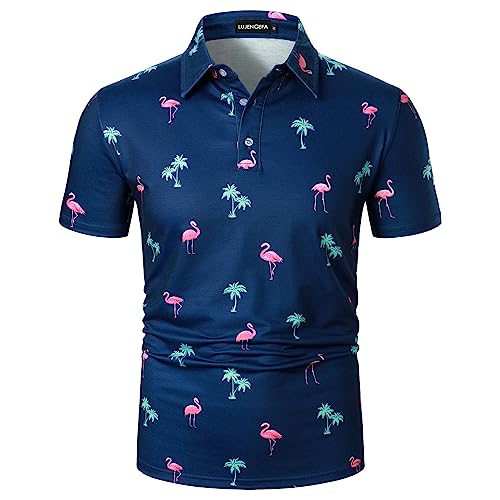 LUJENGEFA Herren Casual Kurzarm Polo Shirt Sommer Urlaub Strand Tropische Tops Golf Shirts für Männer, Dunkelblauer Flamingo, Klein von LUJENGEFA