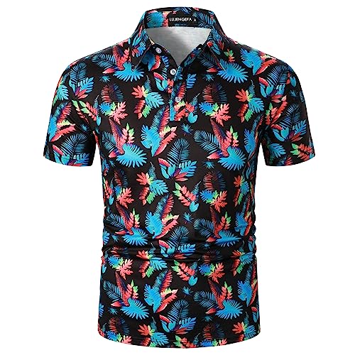 LUJENGEFA Herren Casual Kurzarm Polo Shirt Sommer Urlaub Strand Tropische Tops Golf Shirts für Männer, Schwarze Blätter, XL von LUJENGEFA