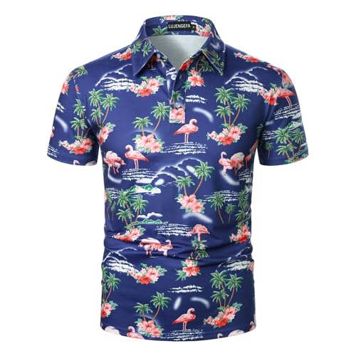 LUJENGEFA Herren Casual Kurzarm Poloshirt Sommer Urlaub Strand Tropische Tops Golf Shirts für Herren, B-Navy Blue Flamingo, L von LUJENGEFA