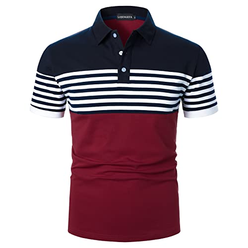 LUJENGEFA Herren-Poloshirt, gestreift, kurzärmlig, lässig, schmale Passform, Golf-Polos, Kontrastfarbe, Sommer-Baumwoll-T-Shirts, blau/rot, Mittel von LUJENGEFA