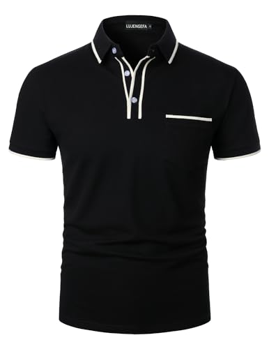 LUJENGEFA Herren Poloshirt Gestreiftes Kurzarm Gestreiftes Golf Poloshirt Baumwoll T-Shirt Sommer Schwarz L von LUJENGEFA