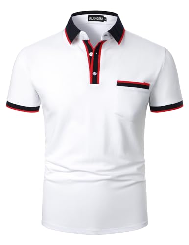 LUJENGEFA Herren Poloshirt Gestreiftes Kurzarm Gestreiftes Golf Poloshirt Baumwoll T-Shirt Sommer Weiß L von LUJENGEFA