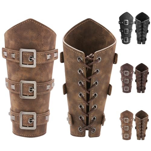 LUKIUP 1 Stück Mittelalterliche PU-Leder Armschienen, Stilvolle Retro-Armbänder, Ritter/Wikinger Armschützer für LARP, Renaissance, Cosplay & Halloween(Khaki) von LUKIUP