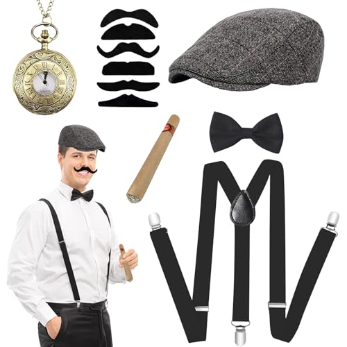 LUKIUP 1920er Jahre Accessoires Herren, Peaky Blinders Kostüm, 20er Jahre Mafia Kostüm Herren mit Gangster Panamahut Taschenuhr Hosenträger Bärte Fliege, für Karneval Partys Fasching Halloween von LUKIUP