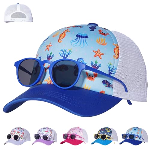 LUKIUP 2 Stücke Baseballkappe Sonnenbrillen Set für Jungen, Verstellbare Cappy Kinder, Basecap für Kinder Jungen Geschenke Cartoon-Muster von LUKIUP