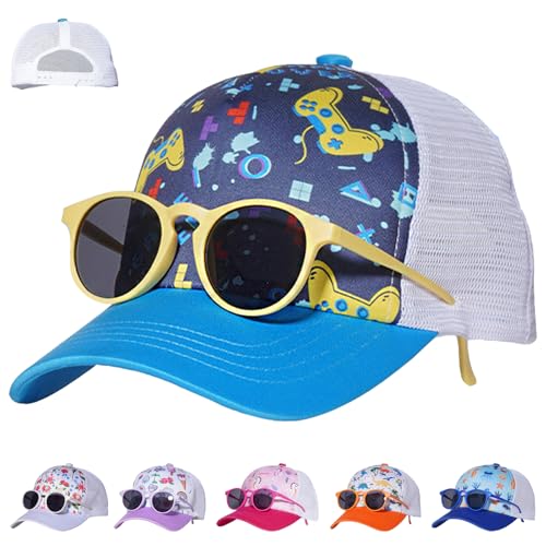 LUKIUP 2 Stücke Baseballkappe Sonnenbrillen Set für Jungen, Verstellbare Cappy Kinder, Basecap für Kinder Jungen Geschenke Cartoon-Muster von LUKIUP