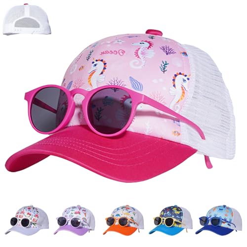 LUKIUP 2 Stücke Baseballkappe Sonnenbrillen Set für Mädchen, Verstellbare Cappy Kinder, Basecap für Kinder Mädchen Geschenke Cartoon-Muster von LUKIUP