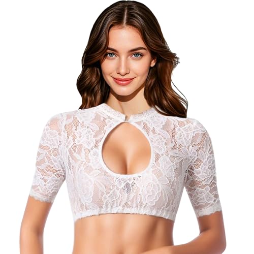 LUKIUP Damen Dirndlbluse Spitze, S/M/L/XL/XXL/XXXL Stretch Dirndl Bluse, Trachtenbluse Halbarm für Oktoberfest Trachtenbluse Traditionelle Kleidung Trachten Bluse mit Knopf (XXL) von LUKIUP