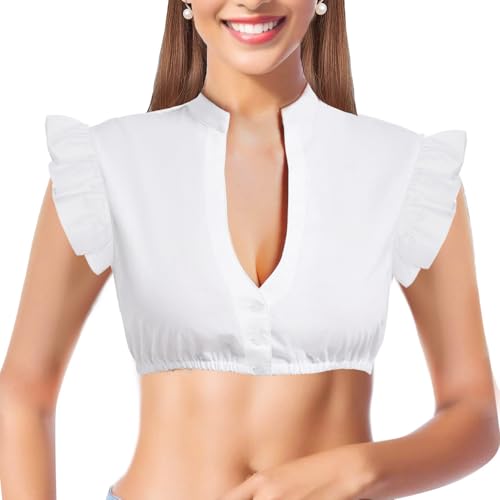 LUKIUP Damen Dirndlbluse V-Ausschnitt Flatterärmel Trachtenbluse, S/M/L/XL/XXL Dirndl Bluse, Weiß Oktoberfest Bluse aus Polyester, Ziergeraffte Design, Trachten mit Knopf (38) von LUKIUP
