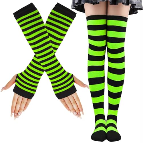 LUKIUP KniestrüMpfe Regenbogen Anzug, Gestreifte Warme Fingerlose Handschuhe Kniehohe Socken Set, Mädchen Damen Extra Lange Socken für Halloween Cosplay Gestreifte Lange Socken(Fluoreszierend Grün) von LUKIUP