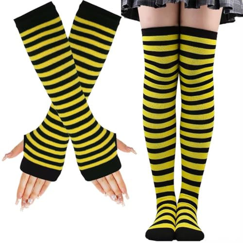 LUKIUP KniestrüMpfe Regenbogen Anzug, Gestreifte Warme Fingerlose Handschuhe Kniehohe Socken Set, Mädchen Damen Extra Lange Socken für Halloween Cosplay Gestreifte Lange Socken(Gelb/Schwarz) von LUKIUP