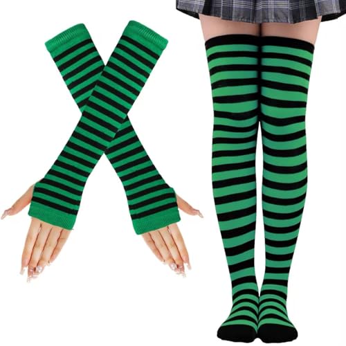 LUKIUP KniestrüMpfe Regenbogen Anzug, Gestreifte Warme Fingerlose Handschuhe Kniehohe Socken Set, Mädchen Damen Extra Lange Socken für Halloween Cosplay Gestreifte Lange Socken(Grün/Schwarz) von LUKIUP