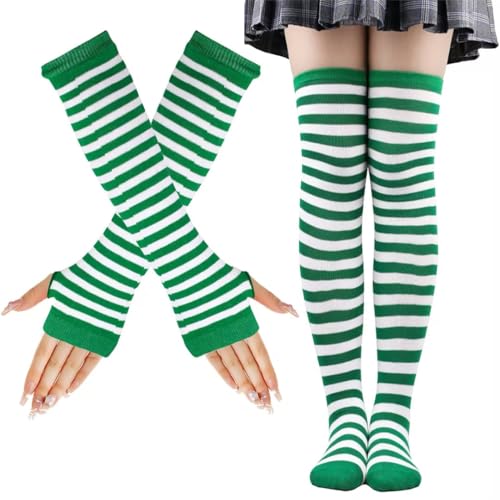LUKIUP KniestrüMpfe Regenbogen Anzug, Gestreifte Warme Fingerlose Handschuhe Kniehohe Socken Set, Mädchen Damen Extra Lange Socken für Halloween Cosplay Gestreifte Lange Socken(Grün/Weiß) von LUKIUP