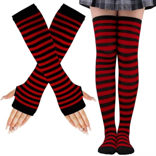 LUKIUP KniestrüMpfe Regenbogen Anzug, Gestreifte Warme Fingerlose Handschuhe Kniehohe Socken Set, Mädchen Damen Extra Lange Socken für Halloween Cosplay Gestreifte Lange Socken(Schwarz/Rot) von LUKIUP