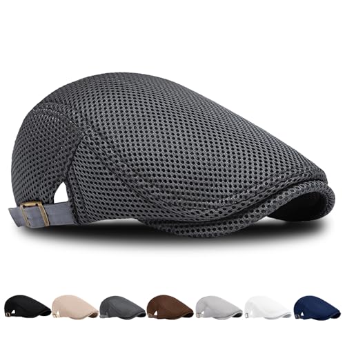 LUKIUP Sommer Barett Herren Netz Schiebermütze, Atmungsaktive Gatsby Barett Cap für Männer und Frauen, Schirmmütze Flatcap Sportmütze, Newsboy Cap Größe 56cm-61cm(Dunkelgrau) von LUKIUP