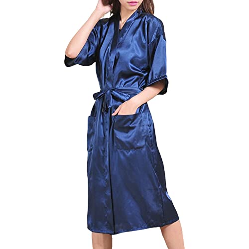 Bademäntel Für Damen,Satin Bademantel Schlichter Kimono Dunkelblau Morgenmantel Leicht Lang Robe Mit Gürtel Nachthemd V-Ausschnitt Mit Gürtel Braut Nachtwäsche Bademantel Bademantel Damen,S von LUKX