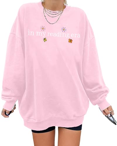 LUKYCILD Book Lover Sweatshirt Women in My Reading Era Embroidered Shirts Bow Graphic Bookish Sweater Teacher Gifts Top, Pink, M LUKYCILD Book Lover Sweatshirt Women in My Reading Era Embroidered Shirts Bow Graphic Bookish Sweater Teacher Gifts Top, Pink, M von LUKYCILD