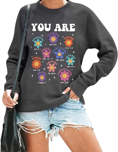 LUKYCILD Christliche Shirts für Damen, inspirierendes Shirt mit niedlicher Blumen-Grafik, Sweatshirt, religiöser Pullover, GRAU, XXL von LUKYCILD