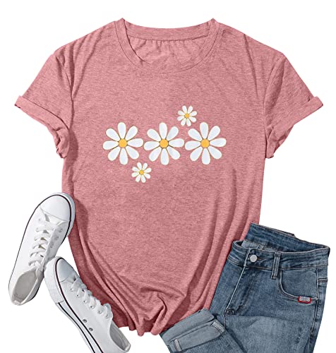 LUKYCILD Daisy Shirt Frauen Blume Grafik Tees Kurzarm Inspirierendes Shirt Sommer Casual Tops, Pink, Groß von LUKYCILD