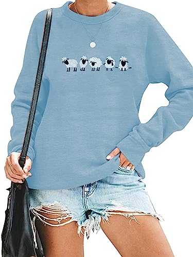 LUKYCILD Gesticktes Schaf-Sweatshirt für Damen, niedliches Bauernhof-Hemd, lustiger Tierpullover, Herbst, lässig, langärmelig, Blau, S von LUKYCILD