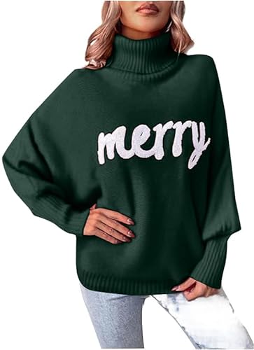Merry Sweater Damen Weihnachtspullover: Rollkragenpullover, übergroße Pullover, 2024, mit Handtuch bestickt, Weihnachtspullover, Grün , Klein von LUKYCILD