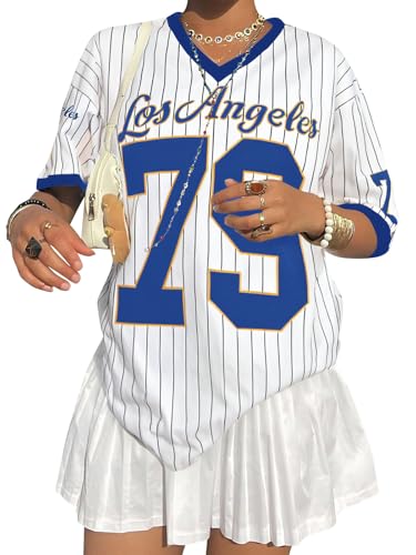 Übergroße Jersey-Shirts für Damen, V-Ausschnitt, gestreift, Zahlen-Grafik-Shirt, lässig, Y2K, Streetwear, B-Blau (Mesh), Mittel von LUKYCILD