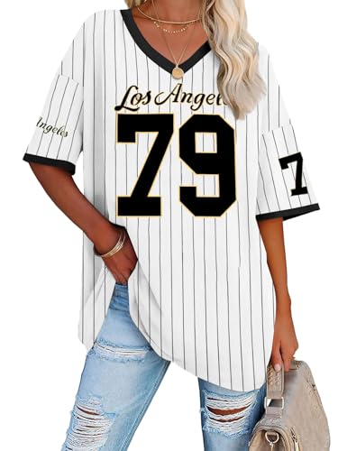 Übergroße Jersey-Shirts für Damen, V-Ausschnitt, gestreift, Zahlen-Grafik-Shirt, lässig, Y2K, Streetwear, B-Schwarz (Mesh), Klein von LUKYCILD