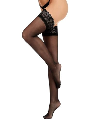 LUKYLUM Halterlose Strümpfe Damen Sexy, 20 DEN Strümpfe mit Spitze Hohe Nylonstrümpfe mit Rutschfestem Silicone, Halterlose Strümpfe für Damen Große Größen Overknees Transparent,Schwarz von LUKYLUM