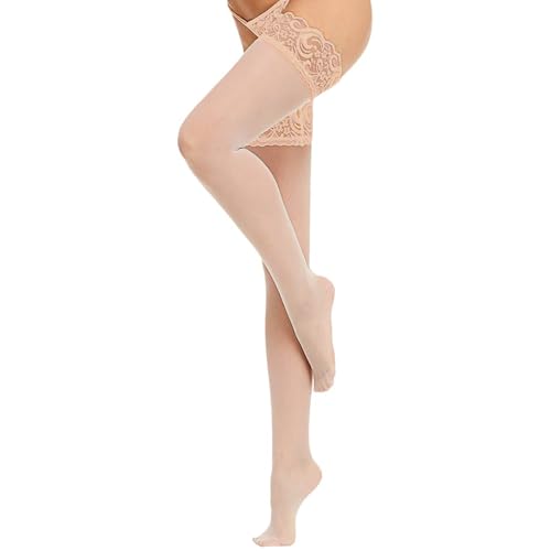 LUKYLUM Halterlose Strümpfe Damen Sexy, 20D Strümpfe mit Spitze Hohe Nylonstrümpfe mit Rutschfestem Silicone, Halterlose Strümpfe für Damen Große Größen Overknees Transparent, Hautfarbe von LUKYLUM
