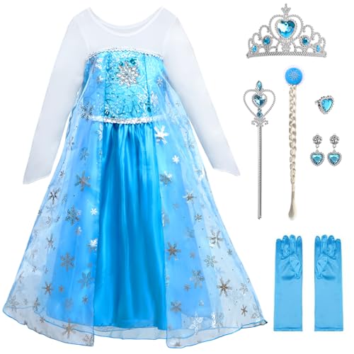Prinzessin Kleid Mädchen, LUKYLUM Kostüm Kinder Mädchen 10-teiliges Set mit Krone Zauberstab Handschuhe Faschingskostüme Prinzessinnen Kostüm Mädchen für Halloween Weihnachten Karneval Party, Blau 110 von LUKYLUM