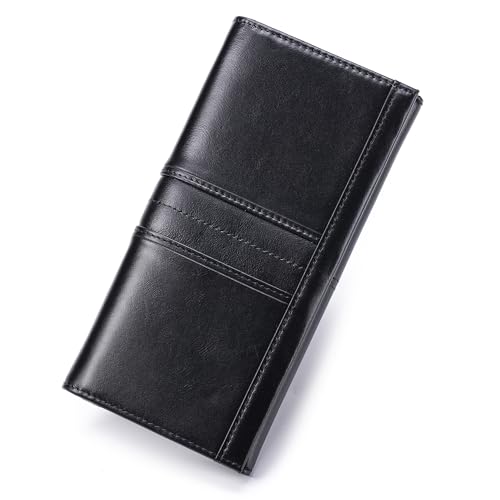 LUKZIJAES Geldbörse für Damen, schmal, lang, RFID-blockierend, echtes Leder, Damen, #1-schwarz, Klassisch und Retro von LUKZIJAES