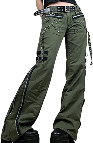 LULIGH Damen Gothic Cargo Jeans Vintage Punk Wide Basic Mode Straight Leg Baggy Denim Pants Goth Aesthetic Jogginghose Streetwear (Color : Green, Einheitsgröße : M) von LULIGH