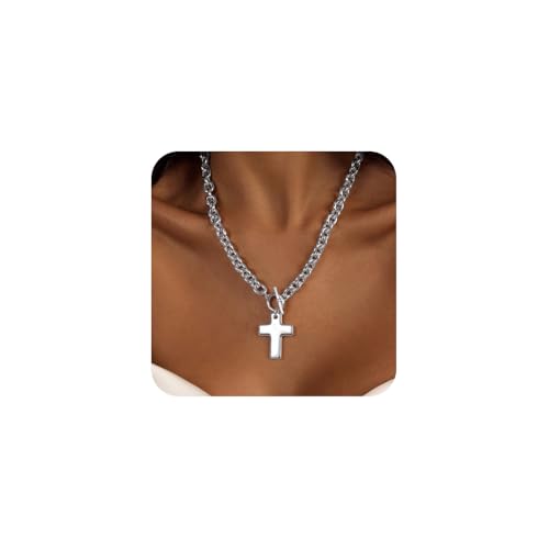 LULII Klobige Goldhalskette für Damen, 14 Karat vergoldet, klobiger Kreuzanhänger, Halsketten für Frauen, große Kreuzkette, Glieder-Halskette, trendiger Schmuck, Large, Messing, Kein Edelstein von LULII