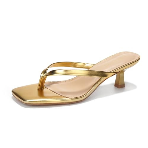 LULLASONG Damen-Sandalen mit Kitten-Heels, quadratisch, offener Zehenbereich, Flip-Flop-Absatz, 4,6 - 5,1 cm Absatz, Sandalen für Damen, Gold, 38.5 EU von LULLASONG