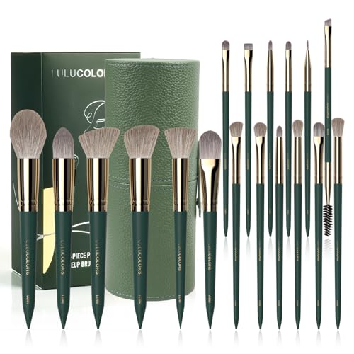 LULUCOLORS 18-teiliges Make-up-Pinsel-Set – Make-up-Pinsel-Set mit Holzgriff – enthält Foundation-, Kontur-, Lidschatten-, Eyeliner- und Lippenpinsel – Pinsel mit Pinselhalter – weiche Borsten (grün) von LULUCOLORS