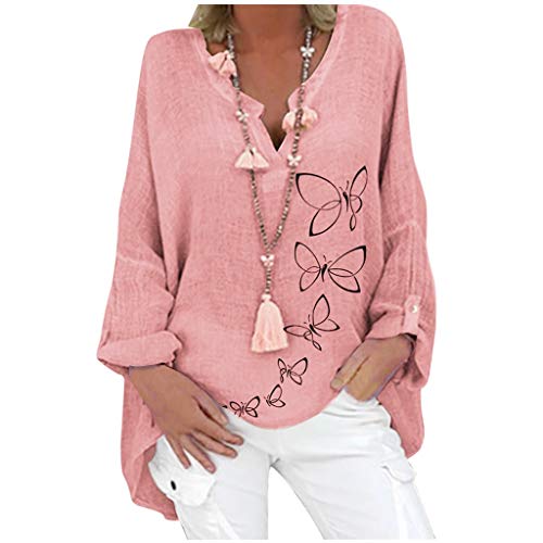 Lulupi Damen Oversize Leinenbluse Elegant Schmetterling Druck Shirt Bluse Leinen V-Ausschnitt Longshirt Oberteile Tunika Lose Lang Tops von LULUJI