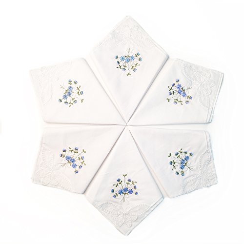 LULUSILK 6 Damen Stoff Taschentücher 100% Baumwolle mit Blau Blumen Stickereien und Spitze Schmetterling Kante von LULUSILK